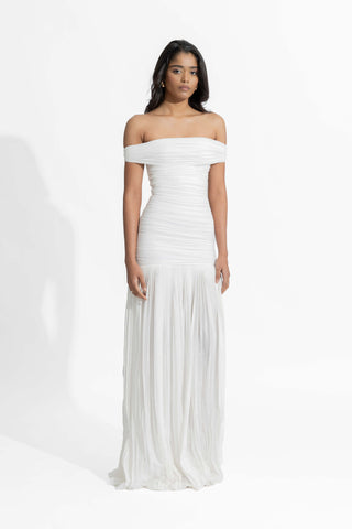 Maria White Ruched Fitted Gown by Deme By Gabriella, available on Indiaspopup.com