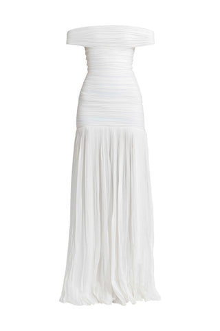 Maria White Ruched Fitted Gown by Deme By Gabriella, available on Indiaspopup.com