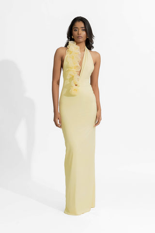 Adela Butter Yellow Fitted Gown by Deme By Gabriella, available on Indiaspopup.com