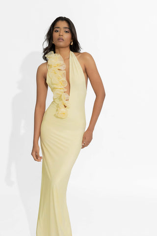 Adela Butter Yellow Fitted Gown by Deme By Gabriella, available on Indiaspopup.com