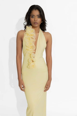 Adela Butter Yellow Fitted Gown by Deme By Gabriella, available on Indiaspopup.com