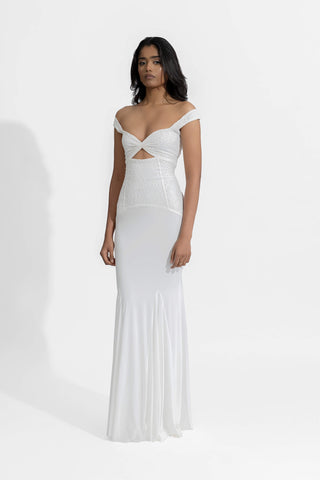 Emelia White Lace Fitted Gown by Deme By Gabriella, available on Indiaspopup.com