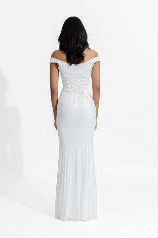 Emelia White Lace Fitted Gown by Deme By Gabriella, available on Indiaspopup.com