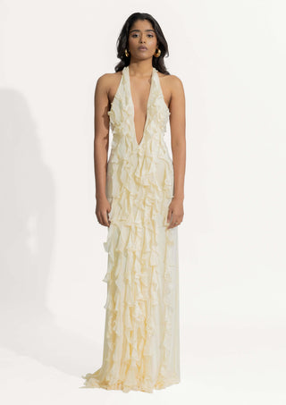 Ela Off-White Halter Gown by Deme By Gabriella, available on Indiaspopup.com