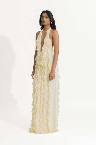 Ela Off-White Halter Gown by Deme By Gabriella, available on Indiaspopup.com