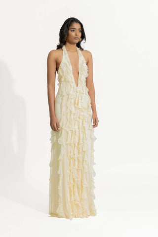 Ela Off-White Halter Gown by Deme By Gabriella, available on Indiaspopup.com