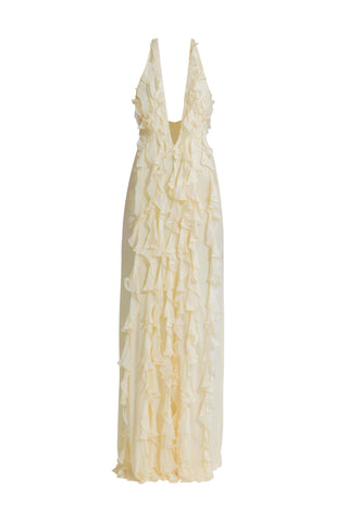 Ela Off-White Halter Gown by Deme By Gabriella, available on Indiaspopup.com