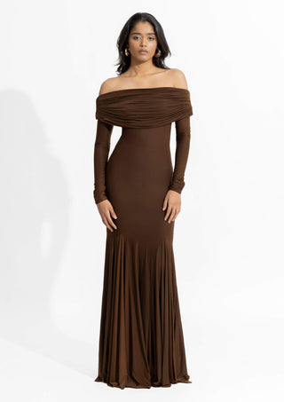 Irene Espresso Brown Gown by Deme By Gabriella, available on Indiaspopup.com