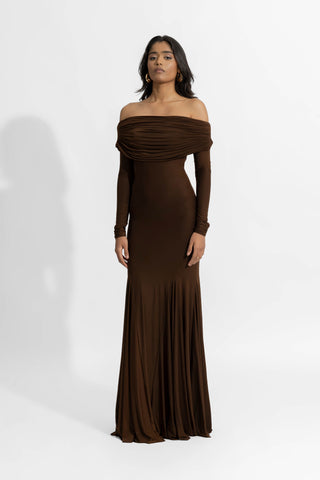 Irene Espresso Brown Gown by Deme By Gabriella, available on Indiaspopup.com