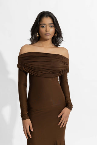 Irene Espresso Brown Gown by Deme By Gabriella, available on Indiaspopup.com