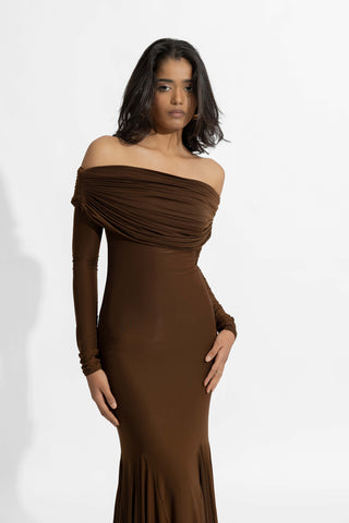 Irene Espresso Brown Gown by Deme By Gabriella, available on Indiaspopup.com