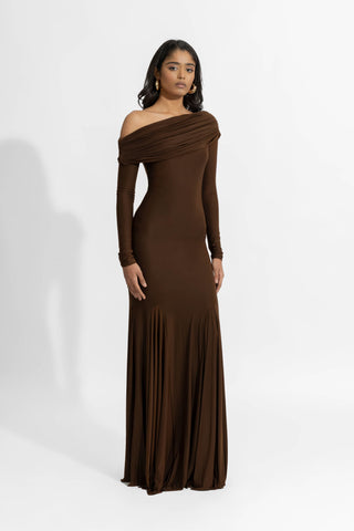 Irene Espresso Brown Gown by Deme By Gabriella, available on Indiaspopup.com