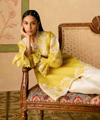 Yellow and ivory color block tunic and pants