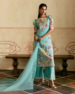 Aqua and ivory applique cutwork kurta set