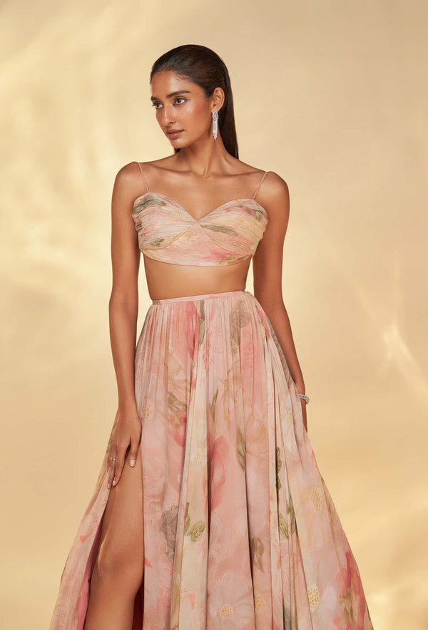 Pink floral printed corset top and lehenga