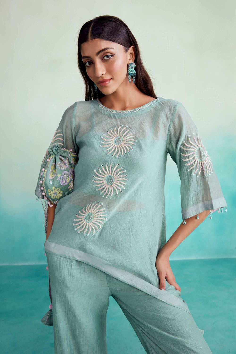 Mint Green Top with Printed Leaves and Butterflies Cutwork with Organza Palazzo for Girls main image 0