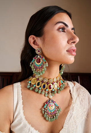 Jayaswi navratan kundan necklace set