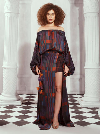 Nikita Mhaisalkar-Tangerine Tile Print Off-Shoulder Dress-INDIASPOPUP.COM