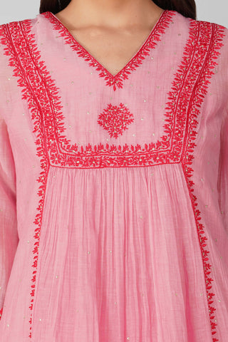 Devyani Mehrotra-Pink Rose Panelled Tunic Set-INDIASPOPUP.COM