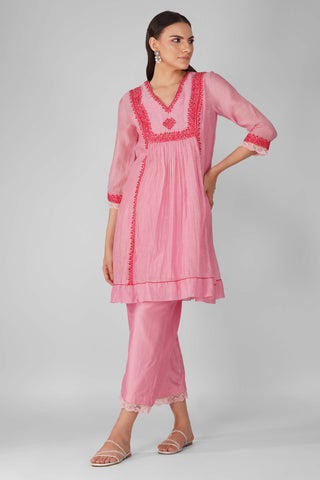 Devyani Mehrotra-Pink Rose Panelled Tunic Set-INDIASPOPUP.COM