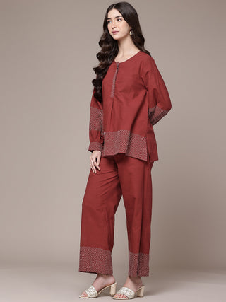 Red solid full sleeve kurti and palazzo