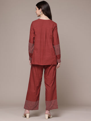 Red solid full sleeve kurti and palazzo