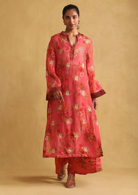 Coral floral print organza kurta and palazzo