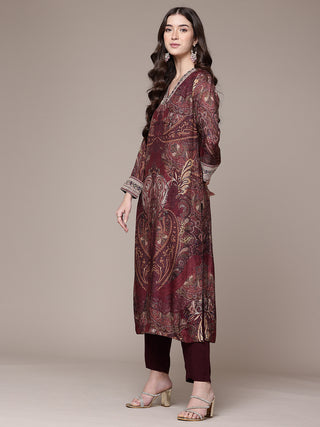 Maroon paisley print full sleeve kurta with pant