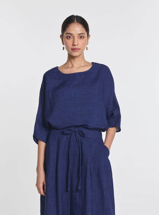 Linen blue drop shoulder top