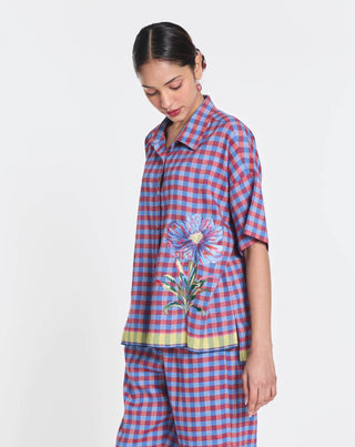 Purple cotton linen daffodils shirt