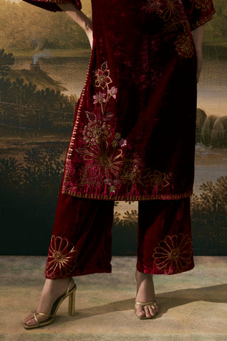Cherry red velvet kurta set