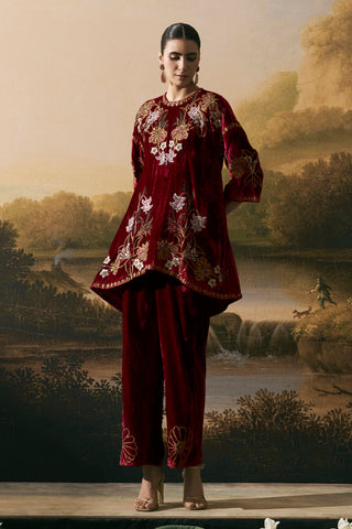 Cherry red velvet short kurta set