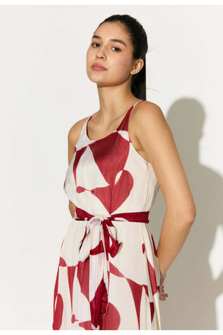 White and red abstract sleeveless long dress