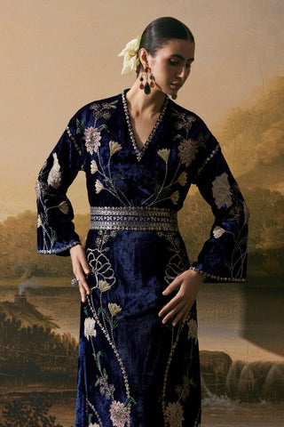 Cobalt blue velvet kurta dress with belt