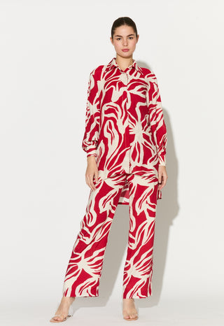 Red and white floral shirt and pants