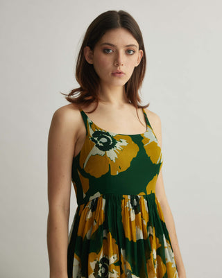 Green And Mustard Floral Sleeveless Long Dress by Koai available on Indiaspopup