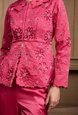 Fuchsia Metallic Quilted Jacket And Pants by Chandrima available on Indiaspopup