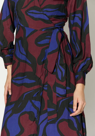 Blue maroon and black floral wrap dress