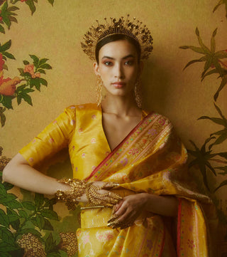 Ekaya-Yellow Tissue Sari And Unstitched Blouse-INDIASPOPUP.COM