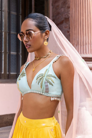 Yellow crepe silk skirt and embroidered bralette