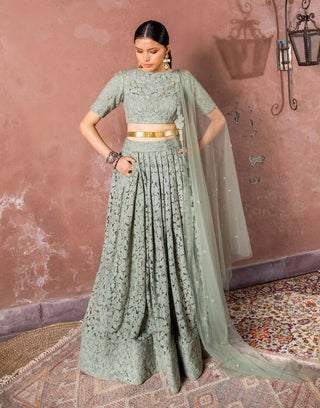 Sage green pleated skirt set