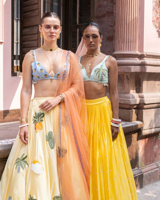 Yellow Crepe Silk Skirt And Embroidered Bralette by The Little Black Bow available on Indiaspopup