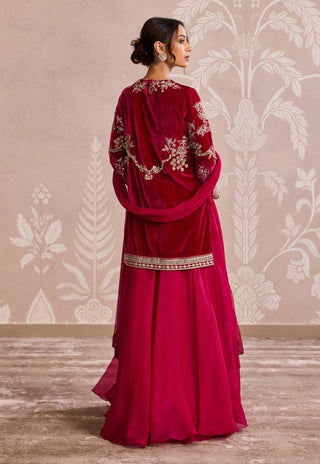 Fuchsia velvet kurta and sharara set