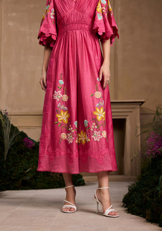 Fuchsia floral embroidered ruched dress