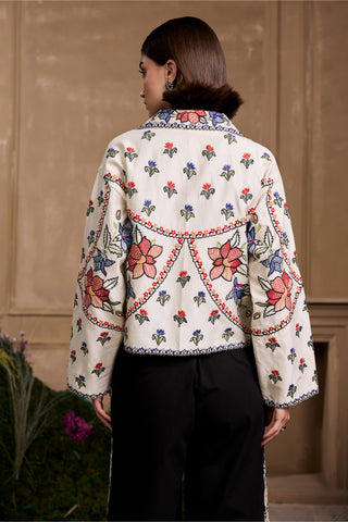 Ivory contrast panel floral short jacket