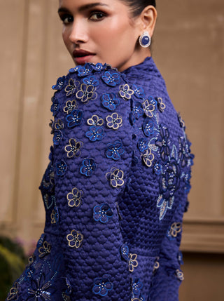 Cobalt Blue Metallic Quilted Peplum Jacket And Pants by Chandrima available on Indiaspopup