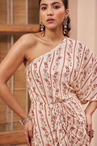 Chhavvi Aggarwal-Ivory One-Shoulder Draped Dress-INDIASPOPUP.COM