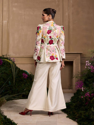 Ivory Floral Foliage Pleated Peplum Jacket And Pants by Chandrima available on Indiaspopup