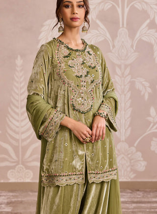 Olive green velvet kurta and sharara set