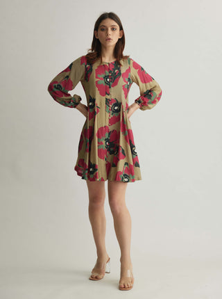 Beige, pink and green floral shirt dress